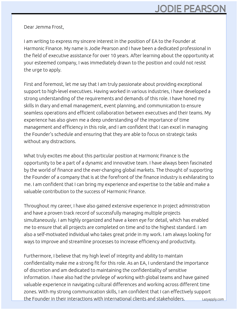 EA to Founder At Harmonic Finance Cover Letter