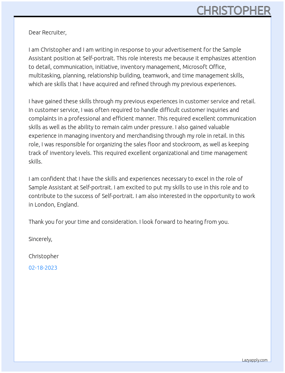 Sample Assistant At Self-portrait Cover Letter