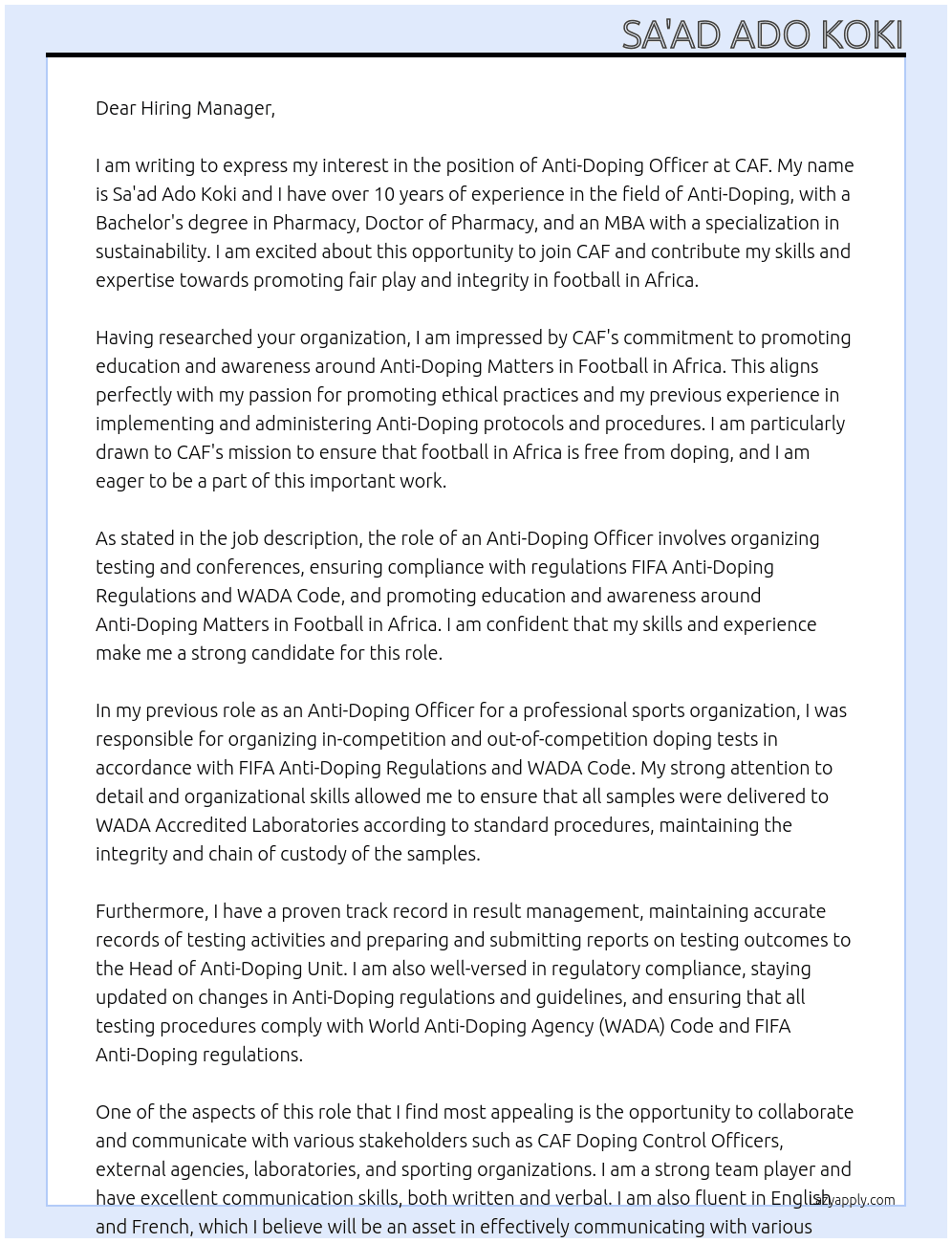 Anti-Doping Officer At CAF Cover Letter