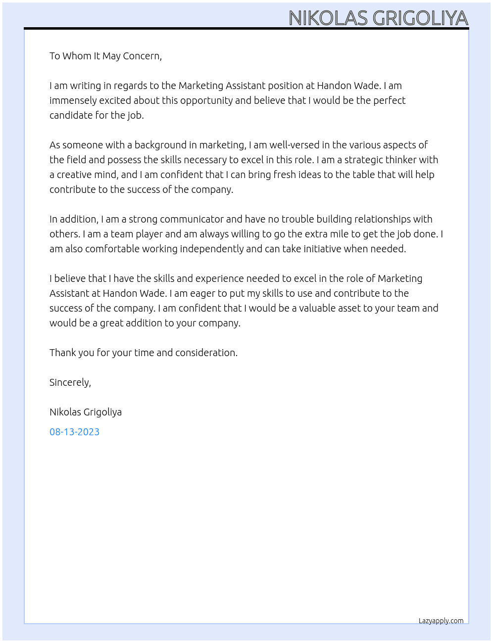 Marketing Assistant At Handon Wade Cover Letter