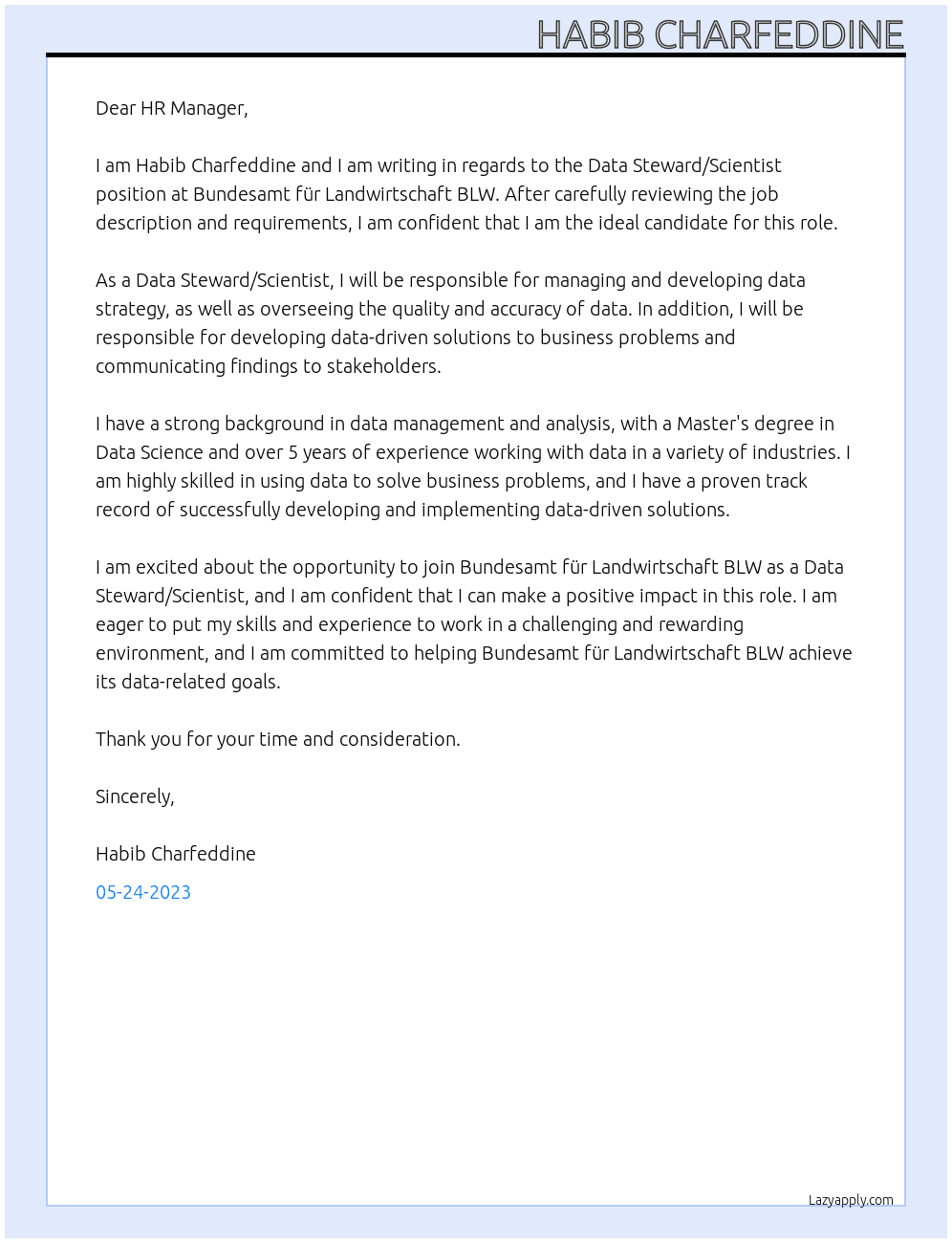 Data Steward / Scientist At Bundesamt für Landwirtschaft BLW Cover Letter
