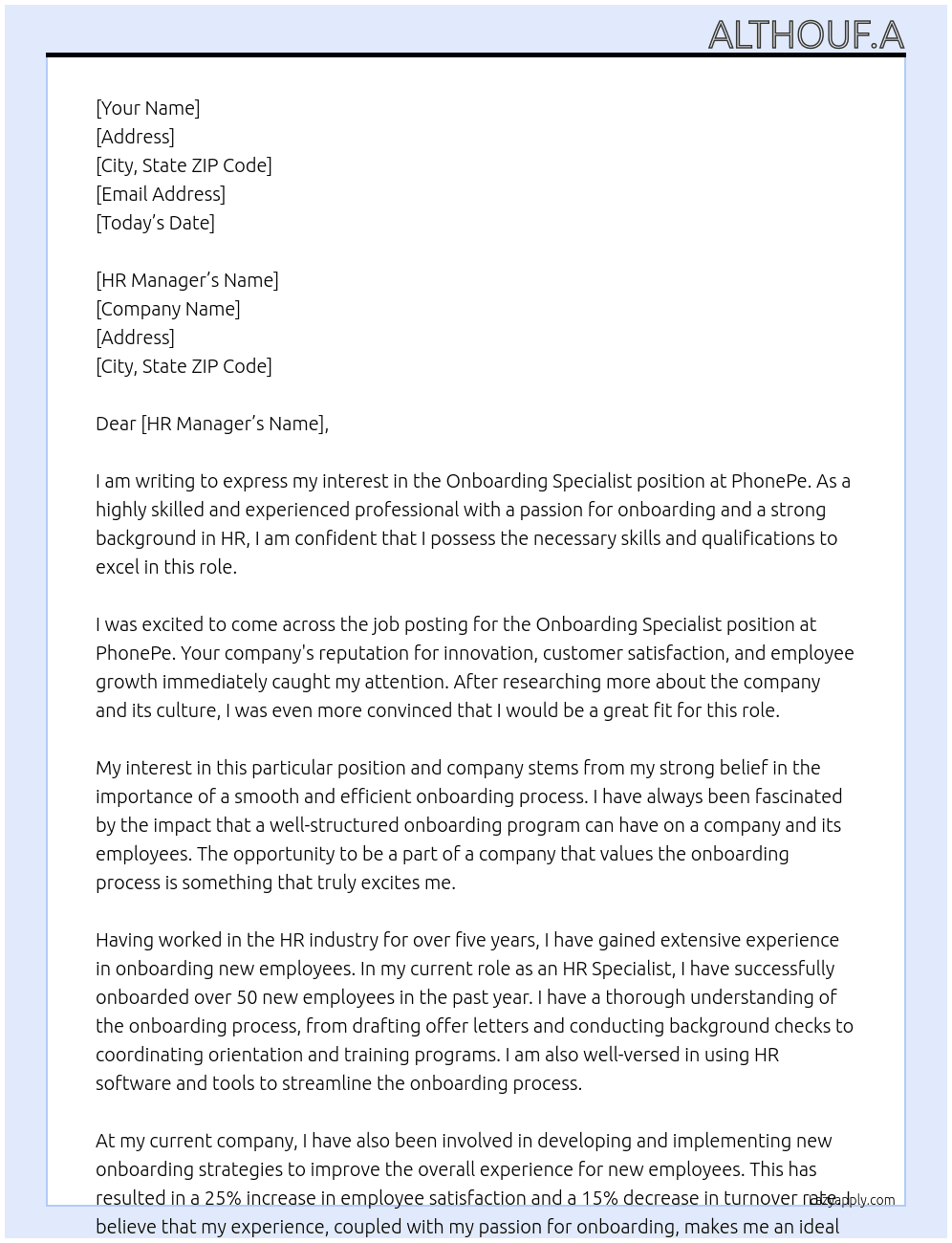 Onboarding Specialist At PhonePe Cover Letter
