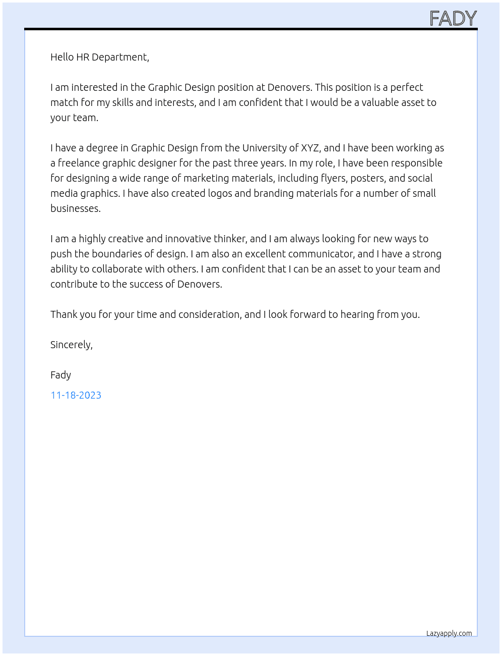 Graphic design At Denovers Cover Letter