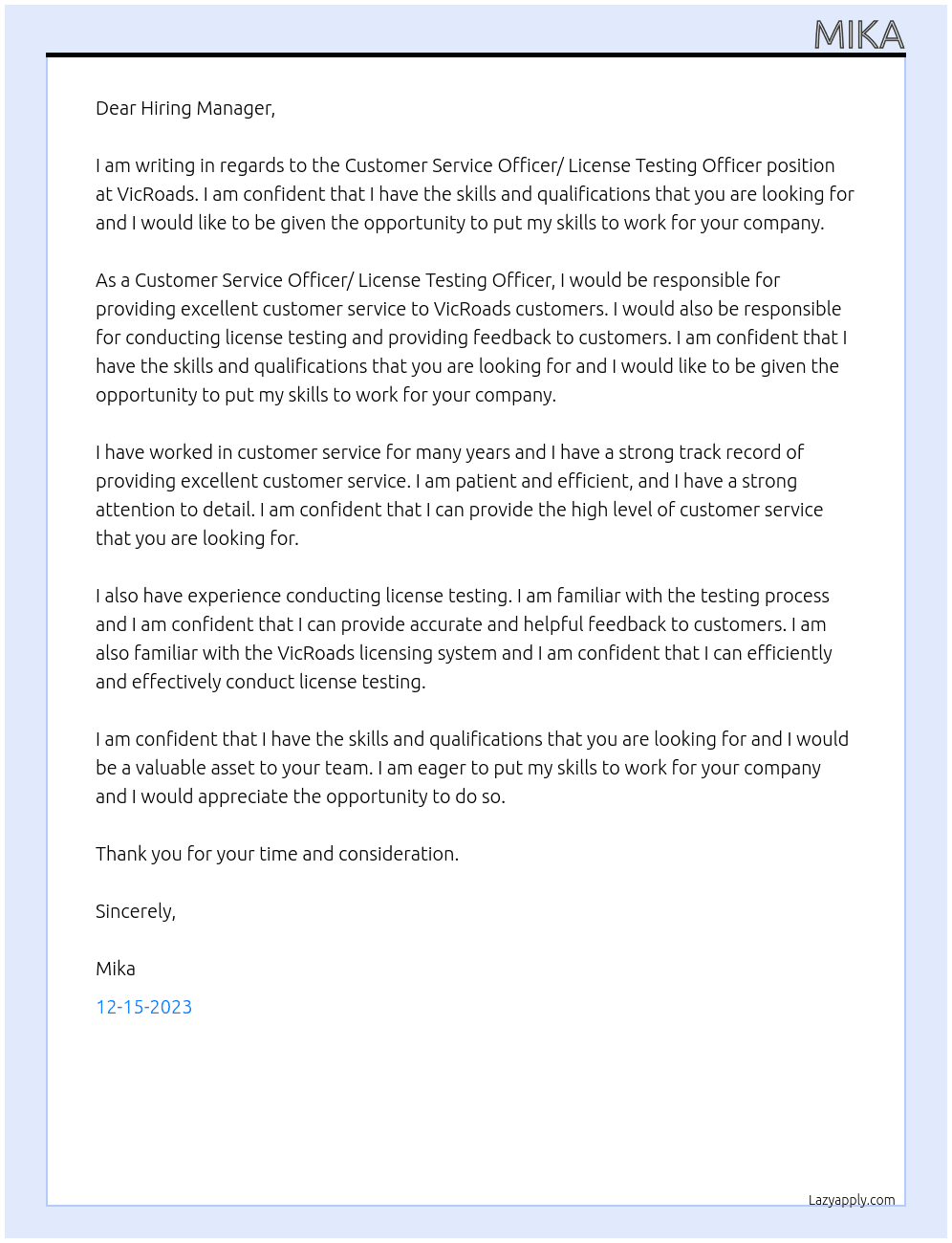 Customer Service Officer/ License Testing Officer At VicRoads Cover Letter