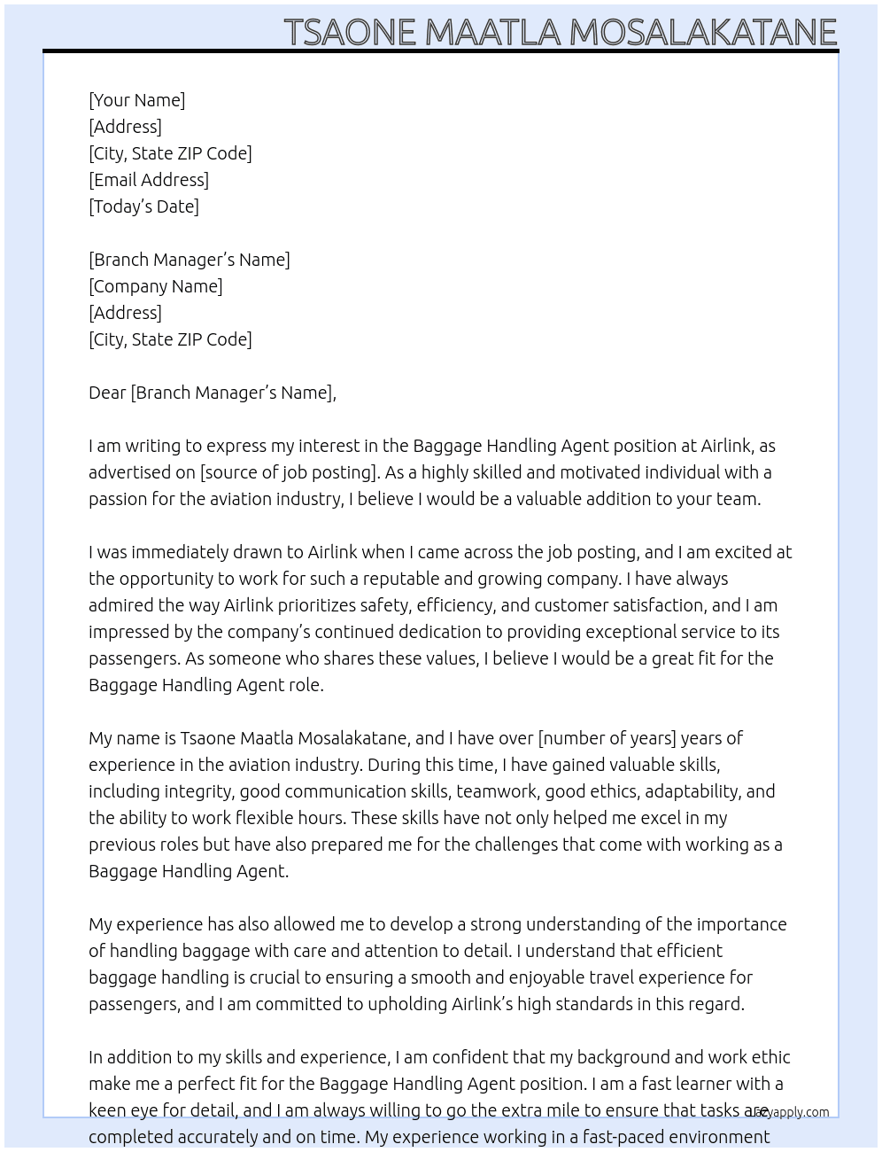 Baggage Handling Agent At Airlink Cover Letter