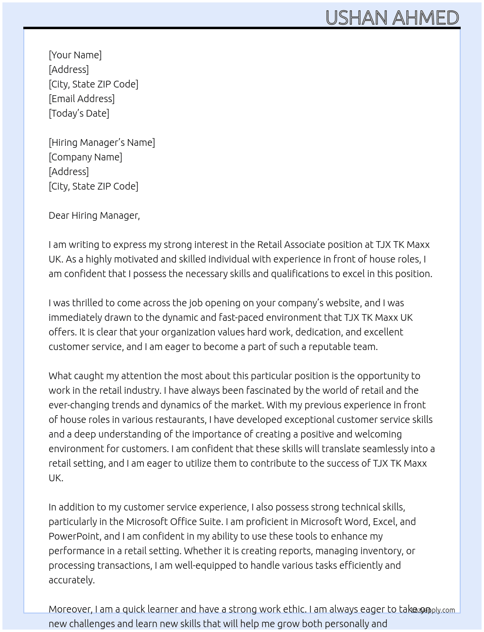 Retail Associate At TJX TK Maxx UK Cover Letter