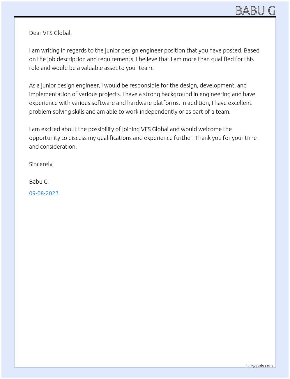 Junior design engineer  At S B digital automation GMTH Cover Letter