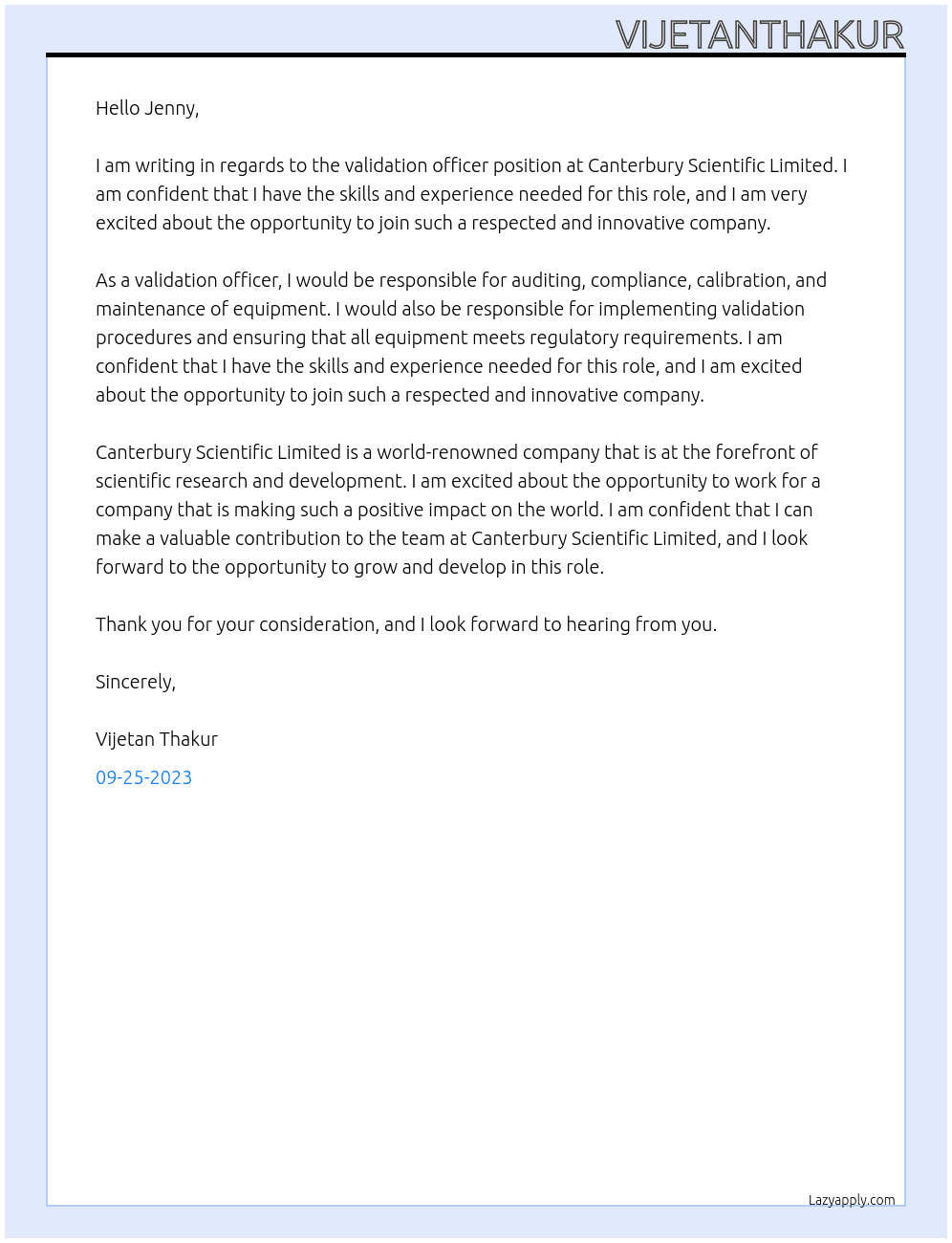 validation officer At canterbury scientific limited Cover Letter