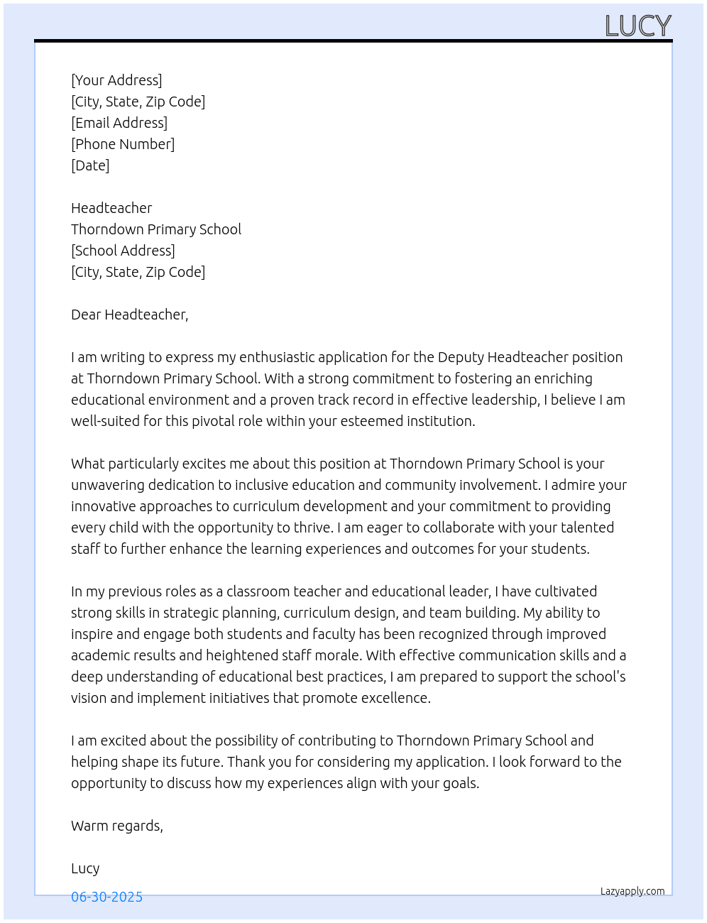 Cover letter for deputy headteacher - LazyApply