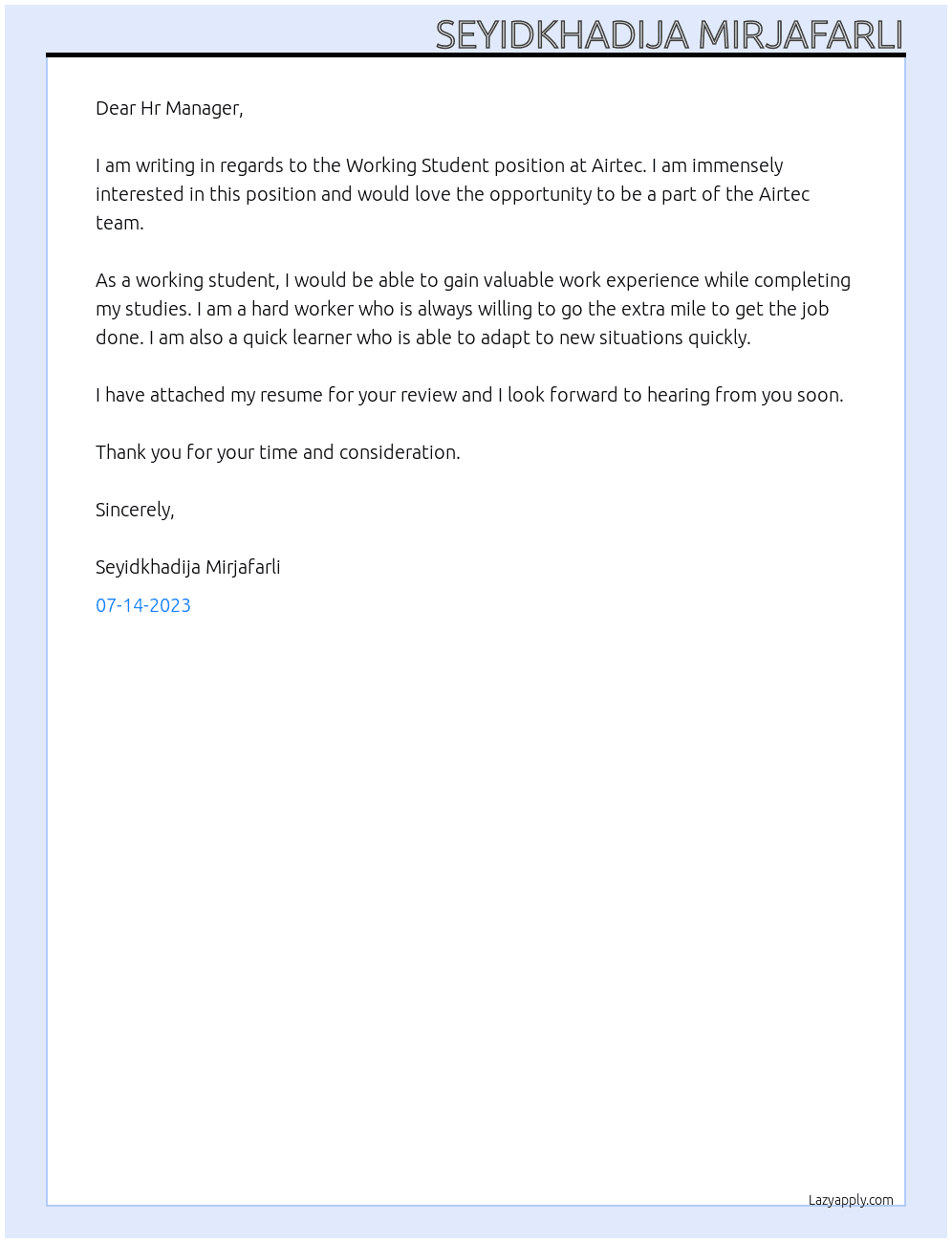 Working Student  At Airtec Cover Letter