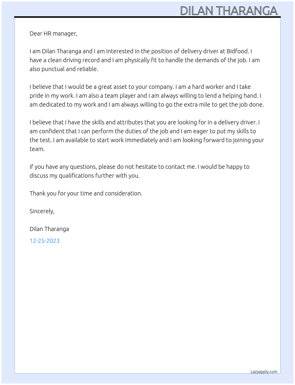 Delivery driver  At Bidfood Cover Letter