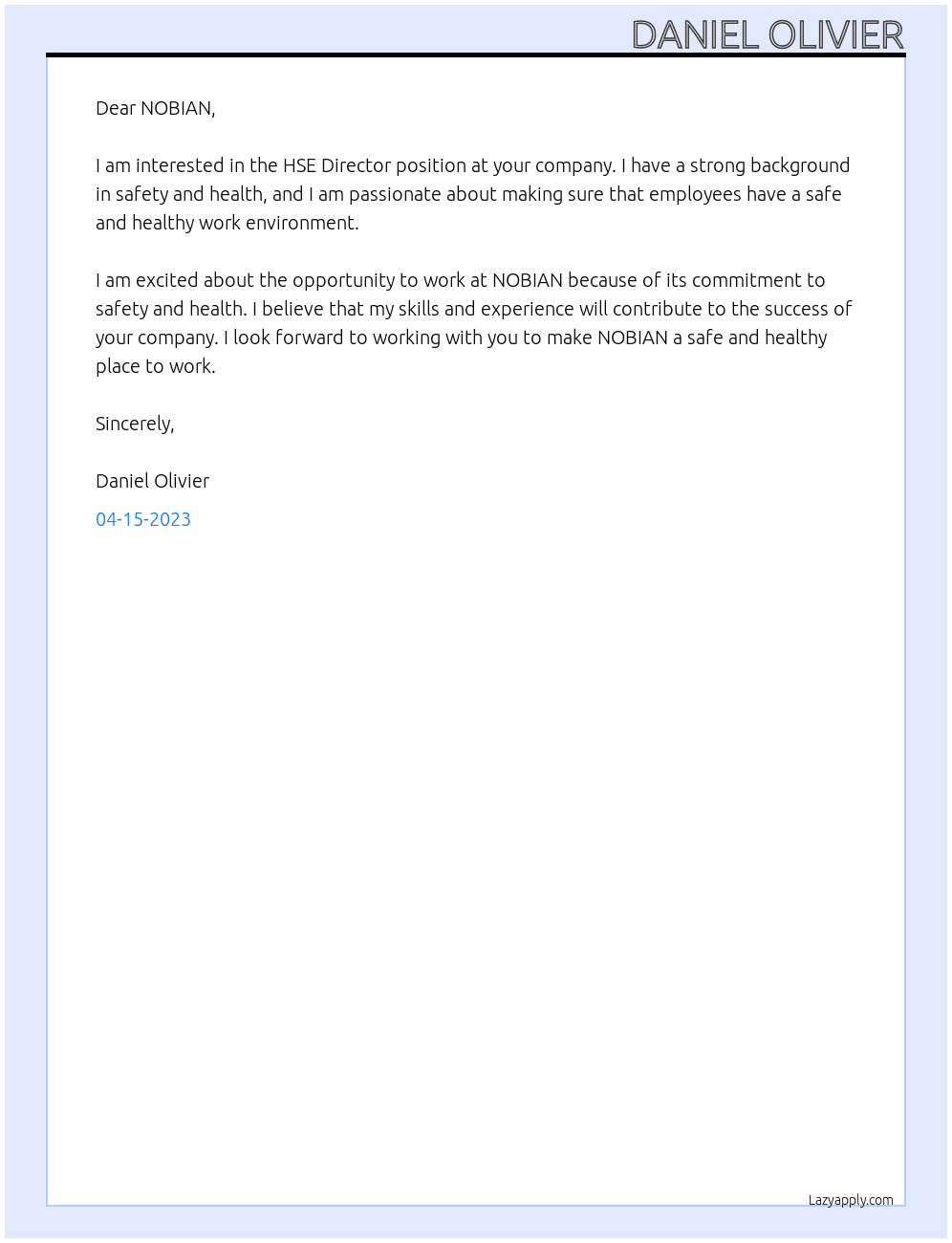 HSE Director At NOBIAN Cover Letter