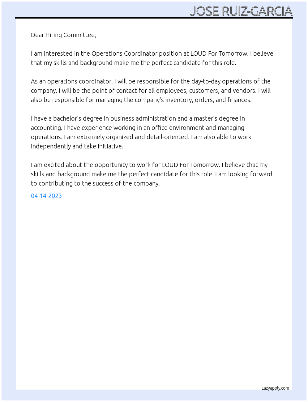Operations Coordinator At LOUD For Tomorrow Cover Letter