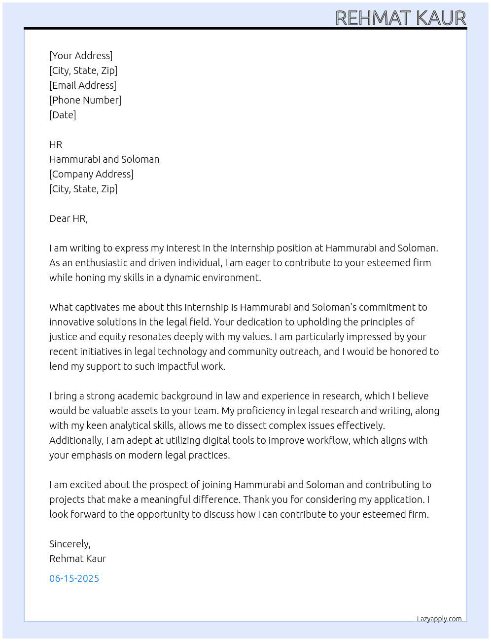 Intern  At Hammurabi and Soloman Cover Letter
