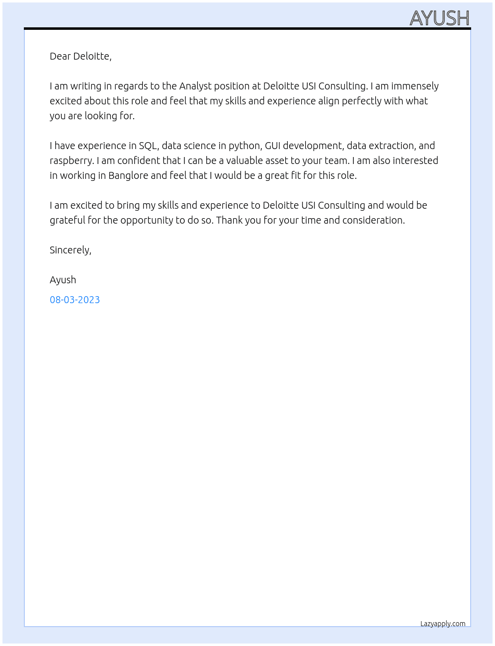 Deloitte USI Consulting -Analyst At Deloite Cover Letter