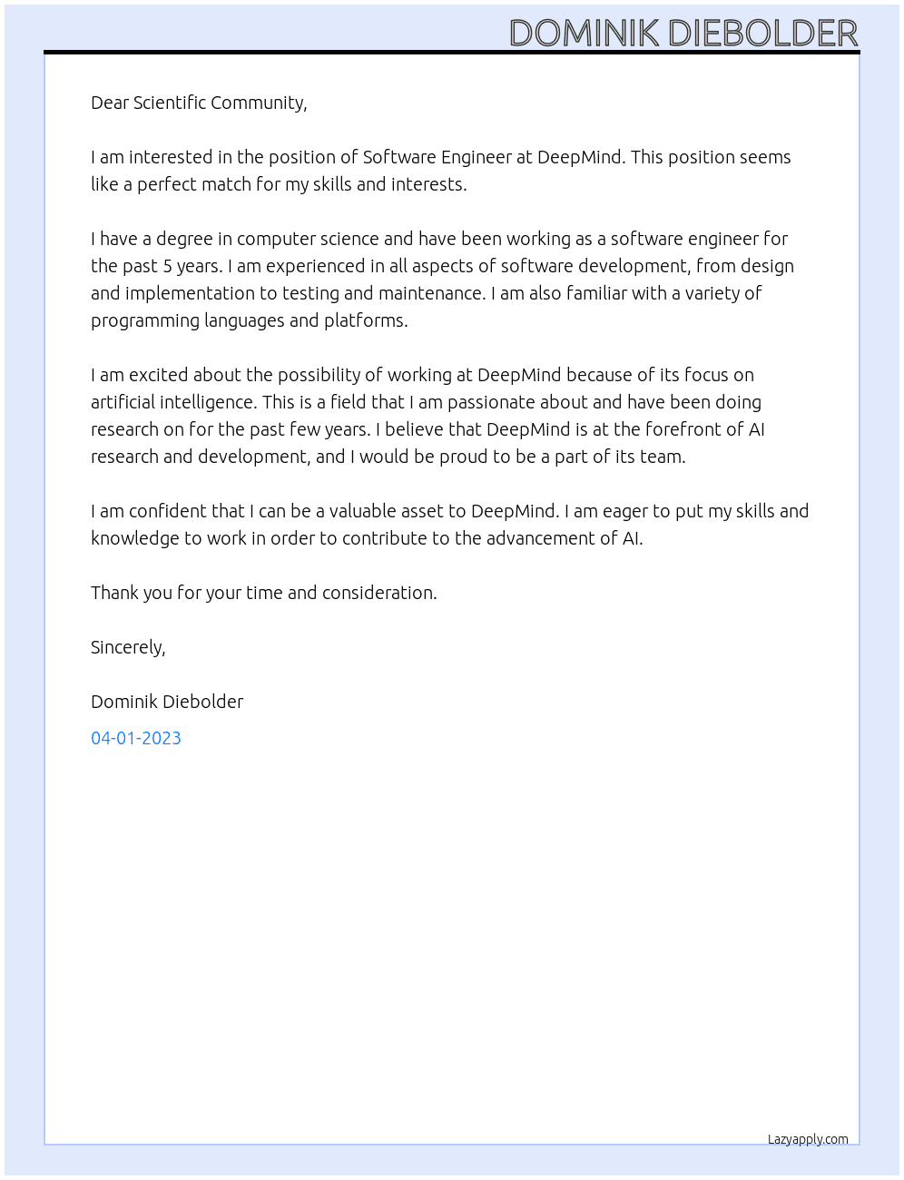 Software Engineer At DeepMind Cover Letter