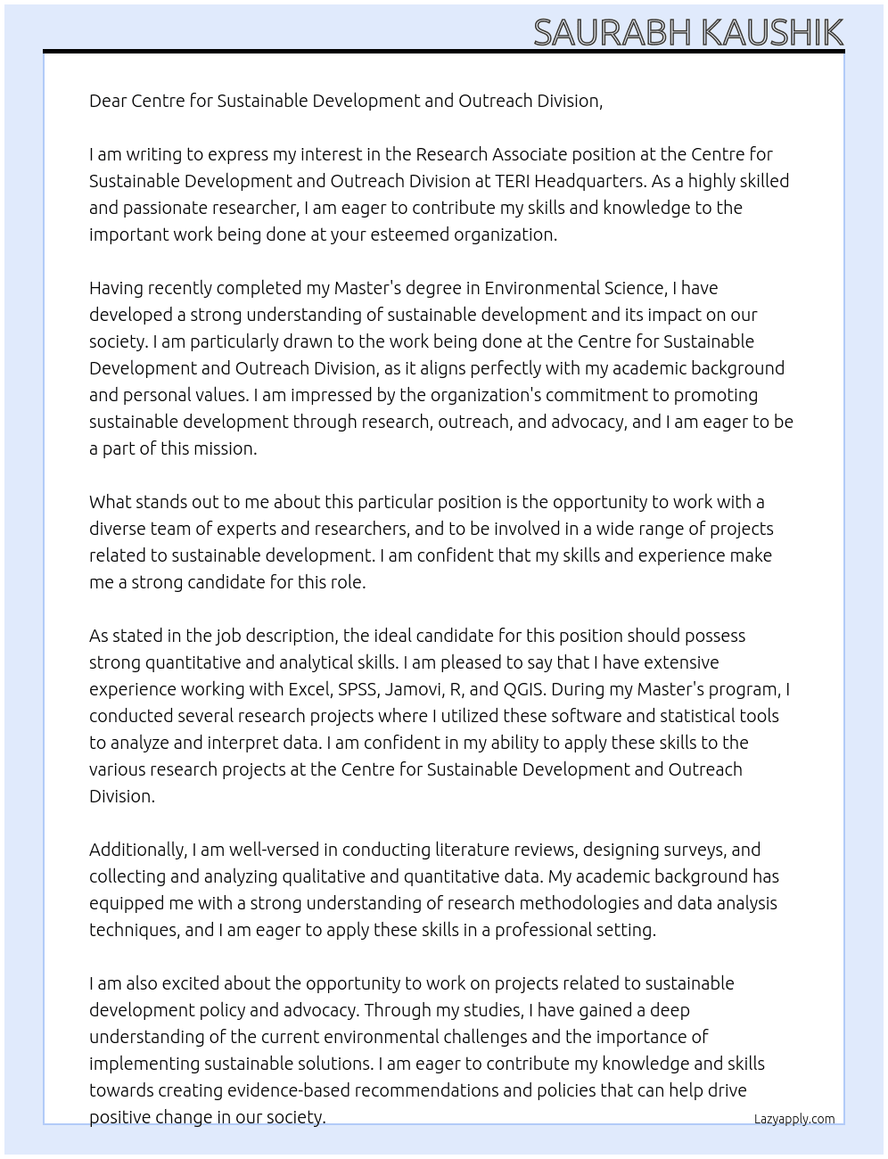 Research Associate At Centre for Sustainable Development and Outreach Division at TERI Headquarters Cover Letter