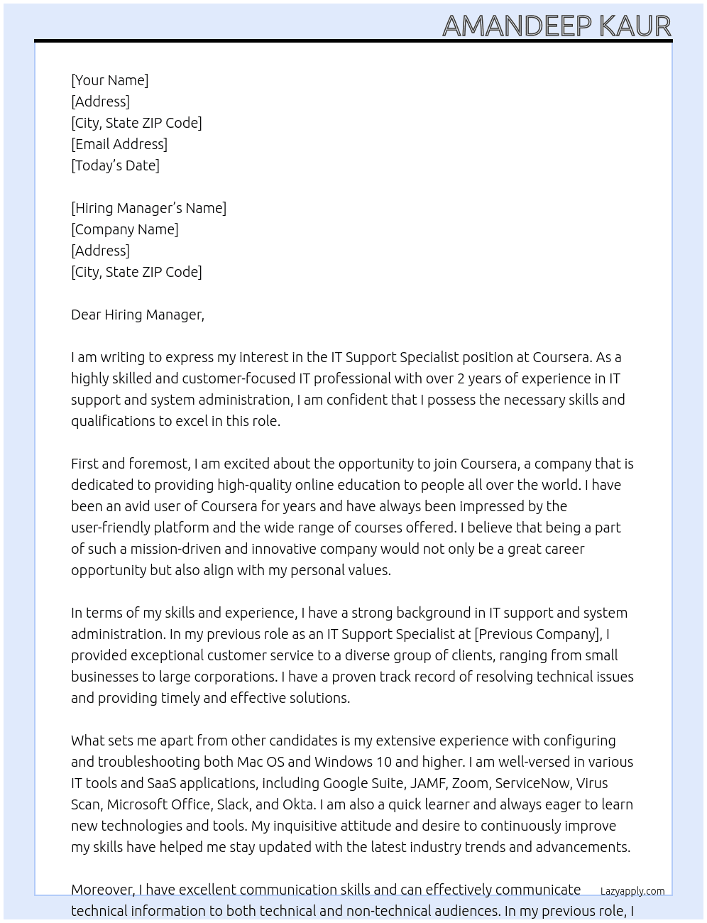 IT Support Specialist At Coursera Cover Letter