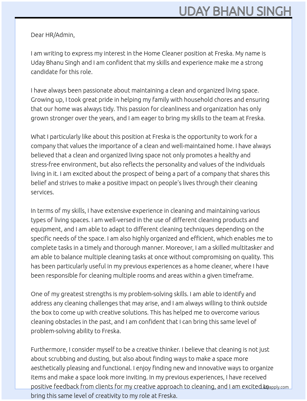 Home Cleaner At  Freska Cover Letter