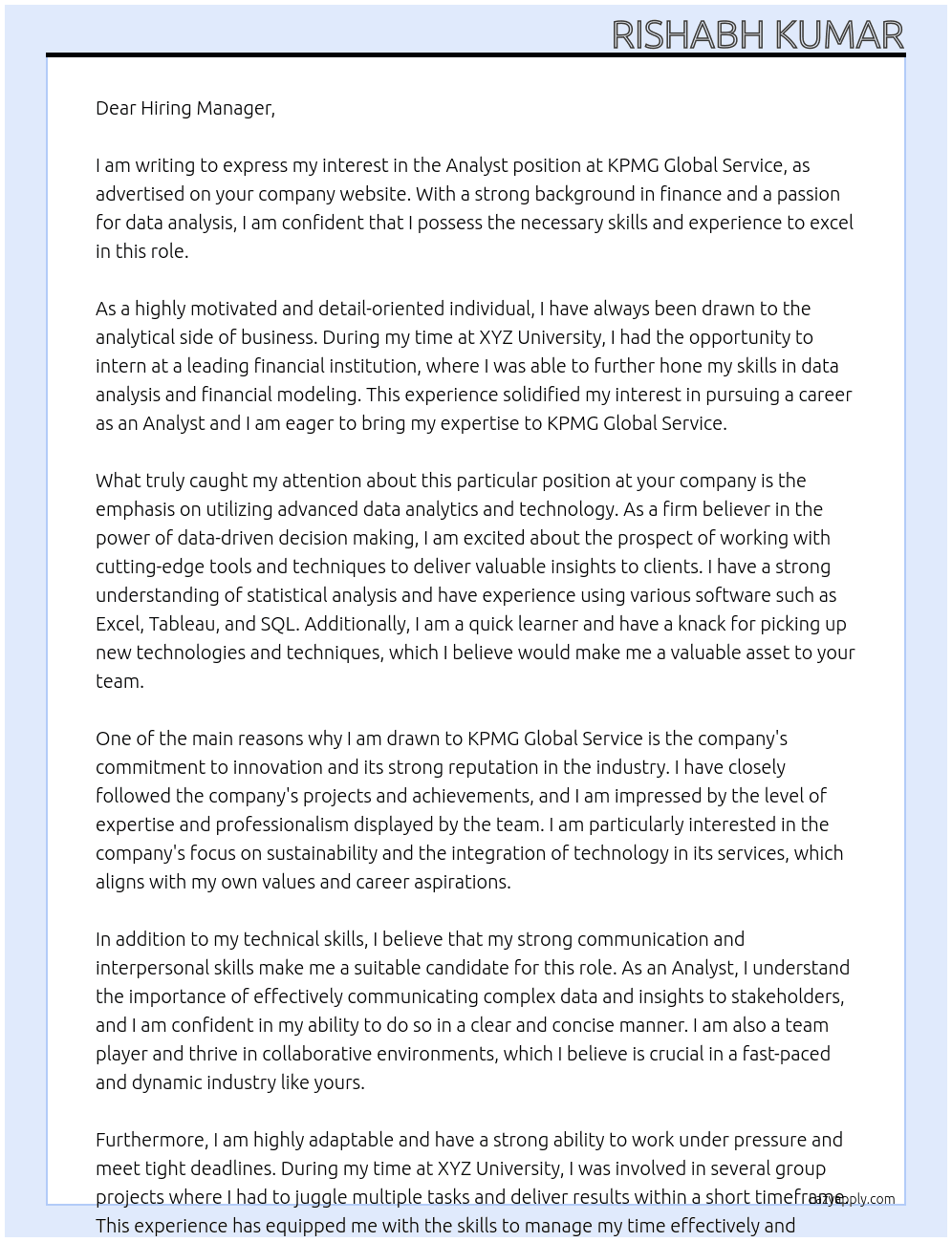 Analyst At KPMG Global Service Cover Letter