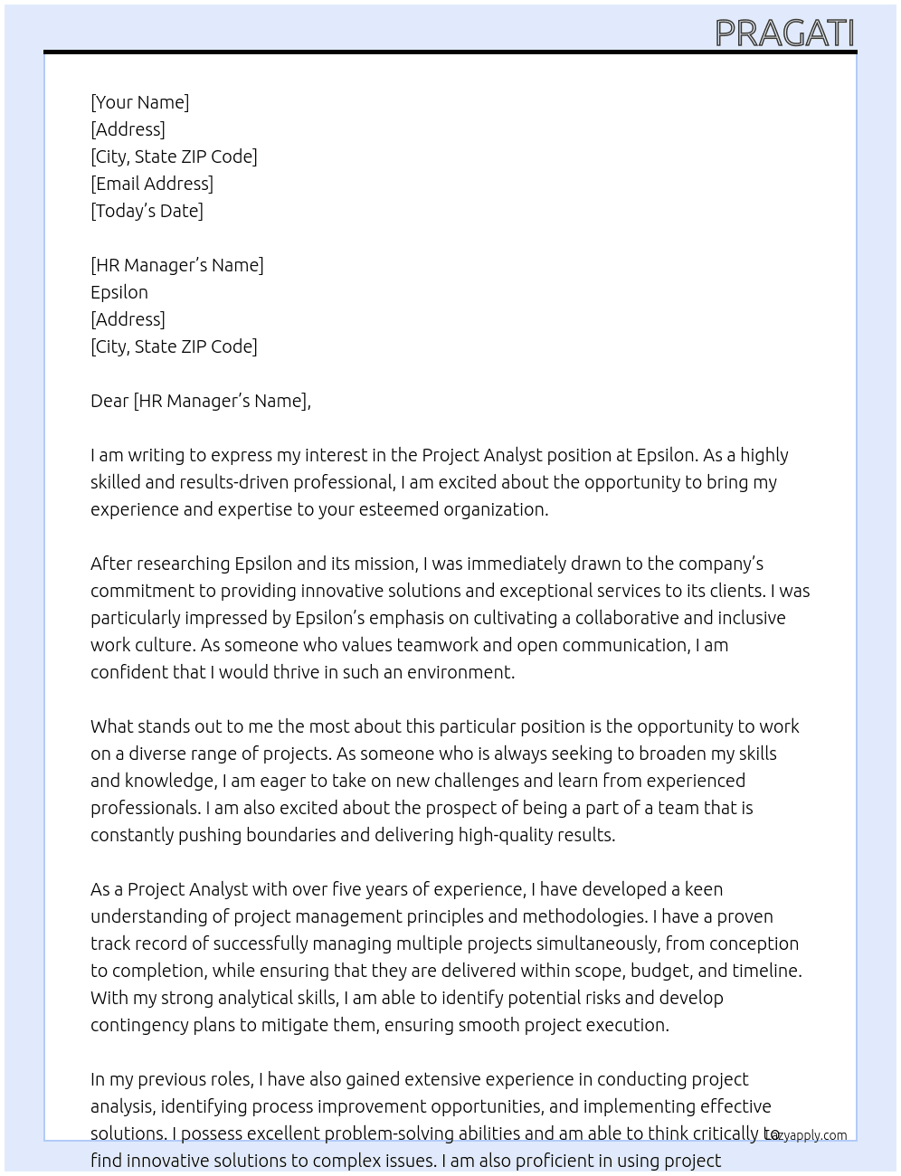 Project analyst  At Epsilon Cover Letter
