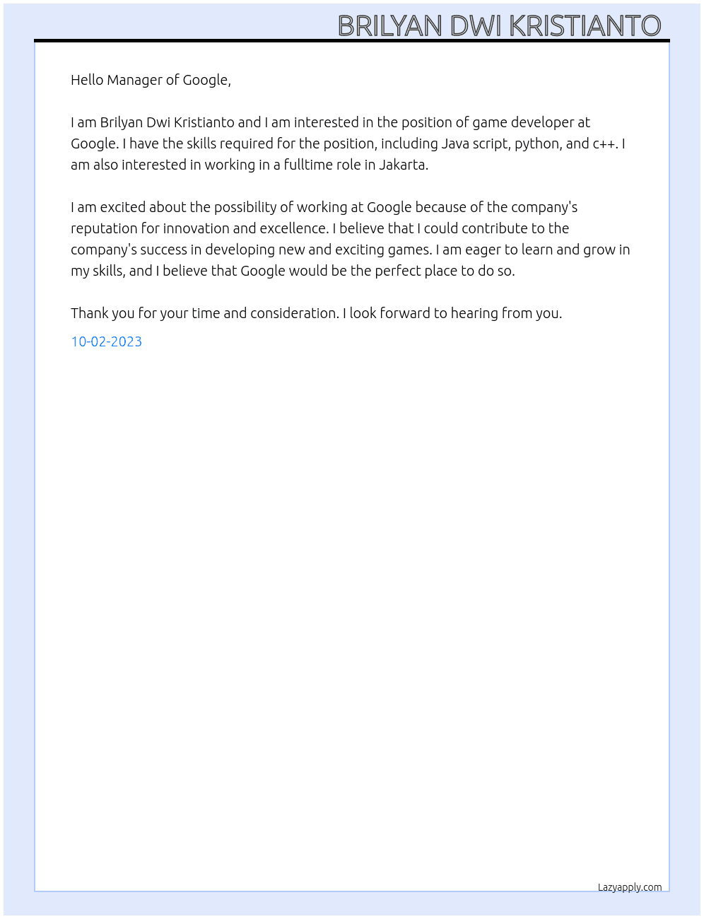Game developer  At Google  Cover Letter