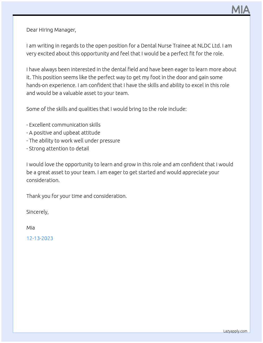 Dental Nurse Trainee At NLDC Ltd Cover Letter