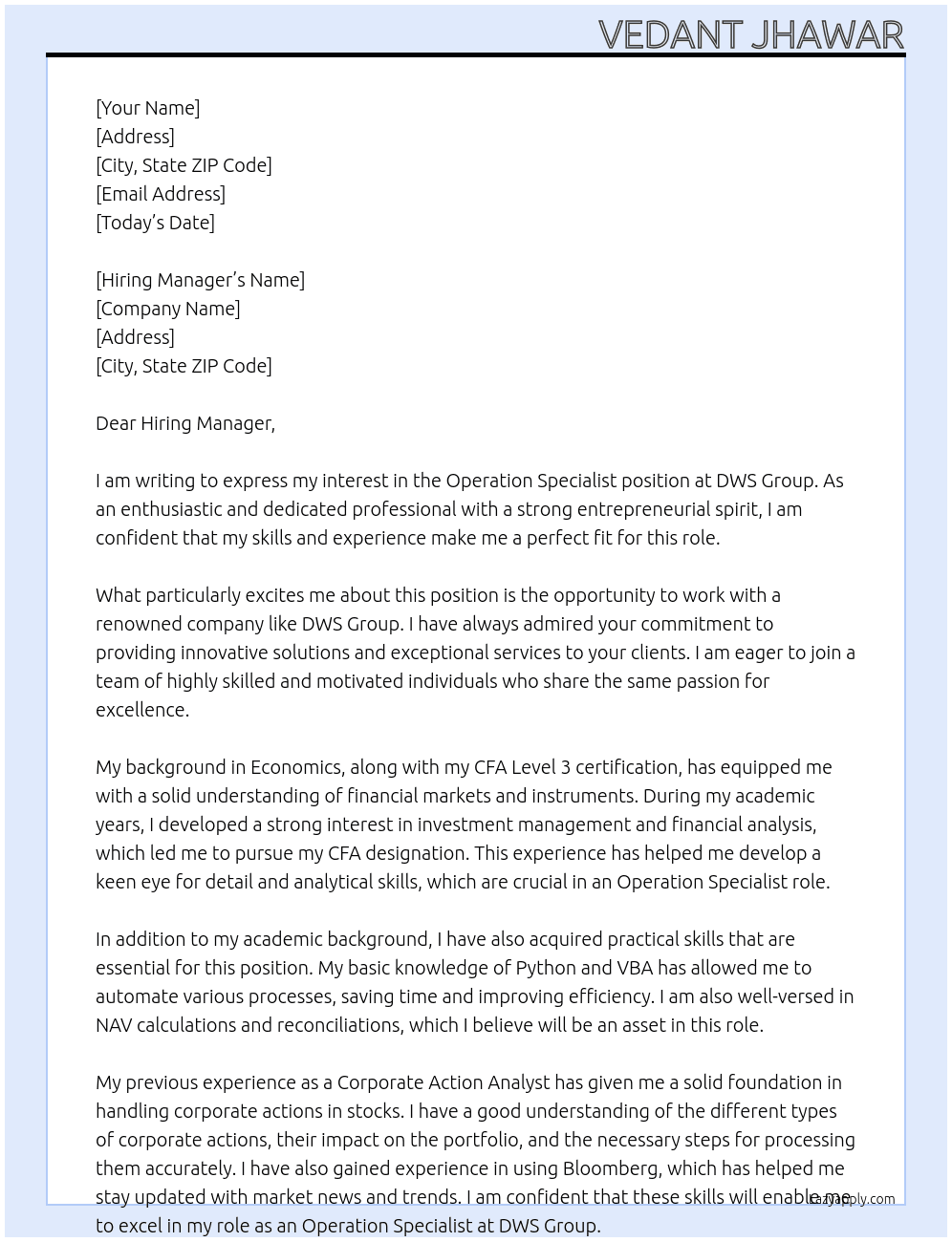 Operation Specialist At DWS Group Cover Letter