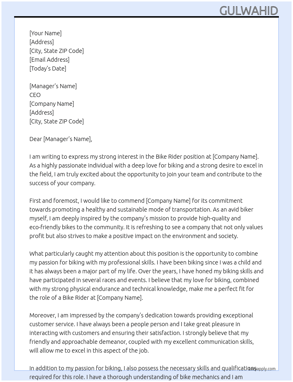 Bike rider At Other Cover Letter