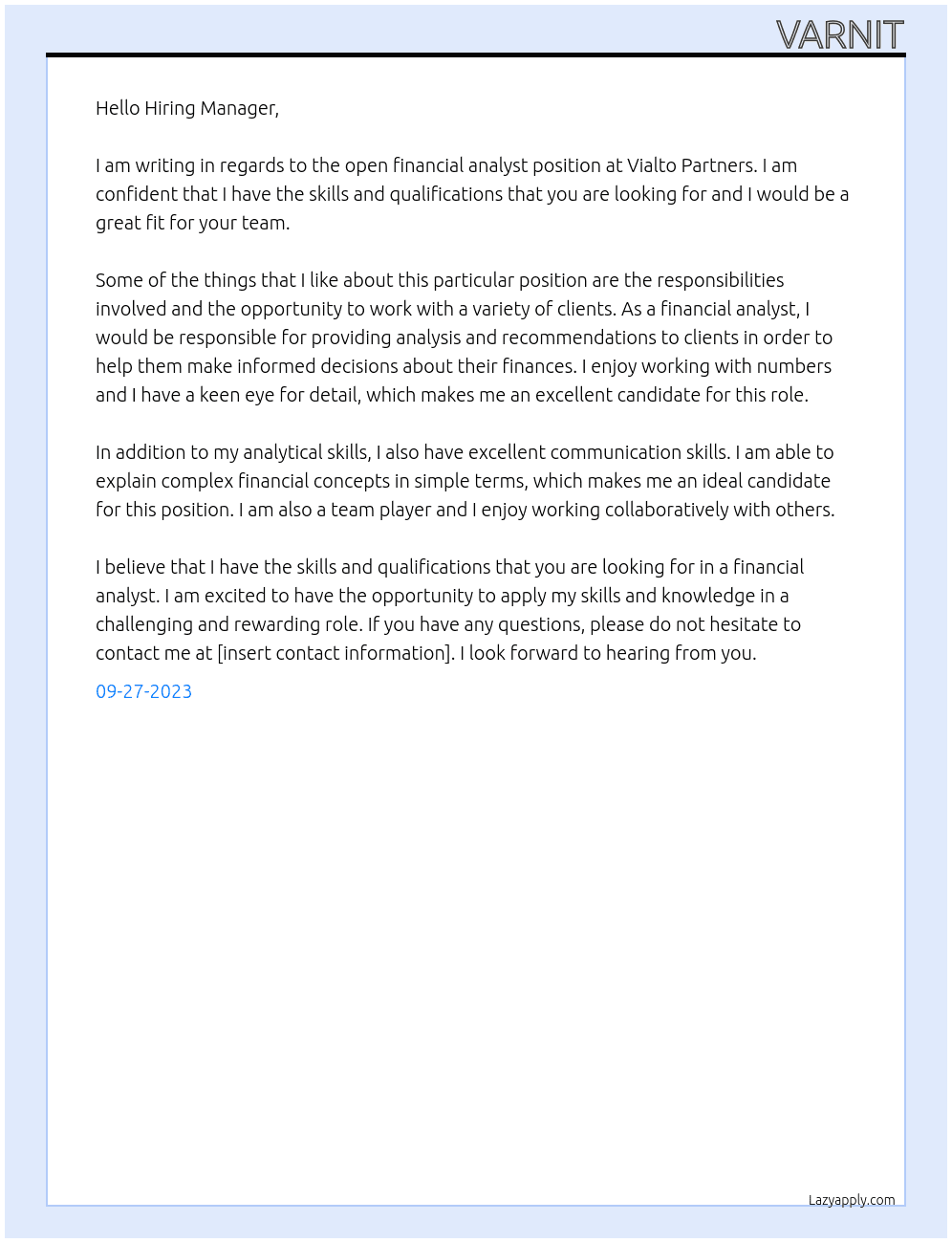 Financial analyst At Vialto Partners Cover Letter
