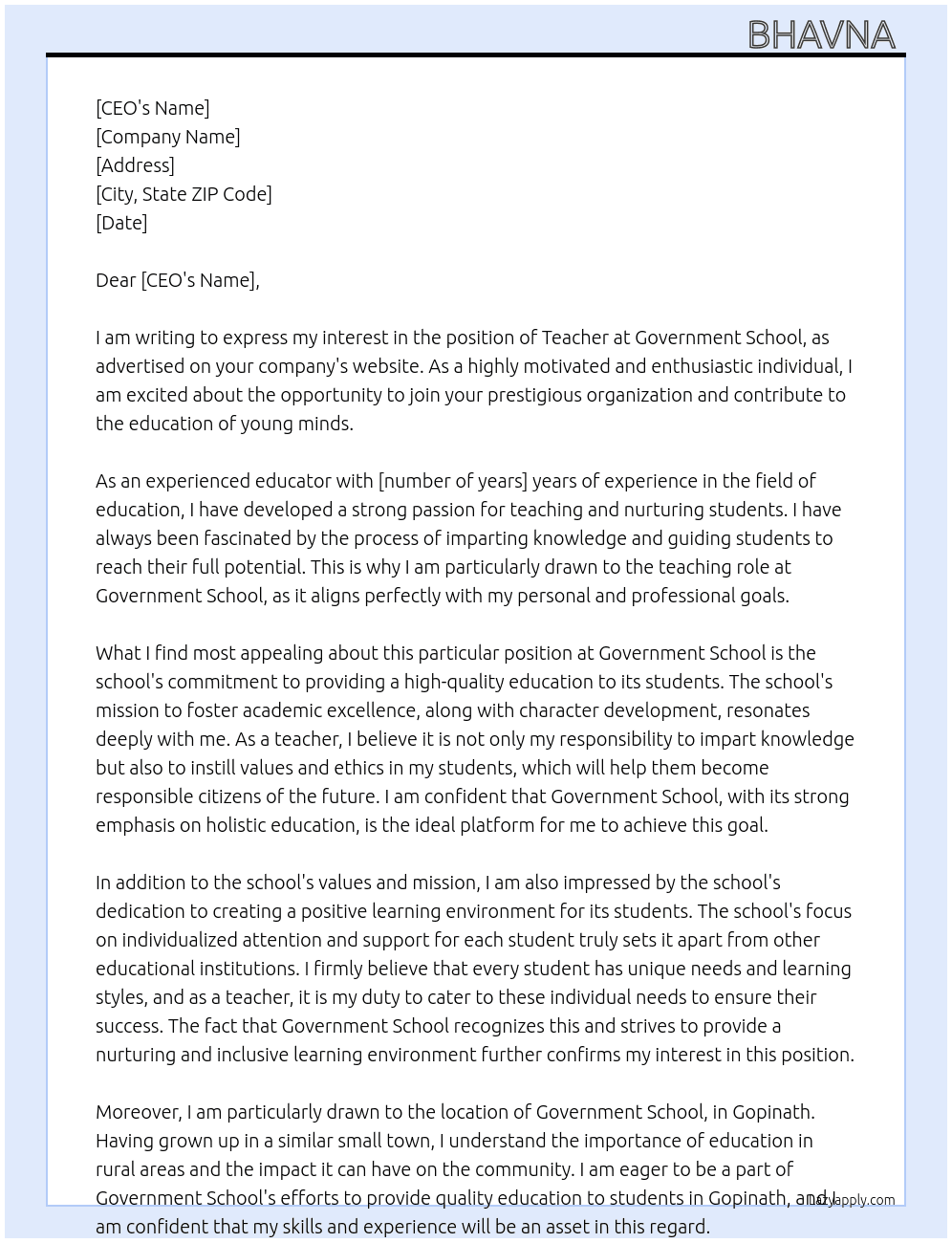 Teacher  At Goverment school  Cover Letter