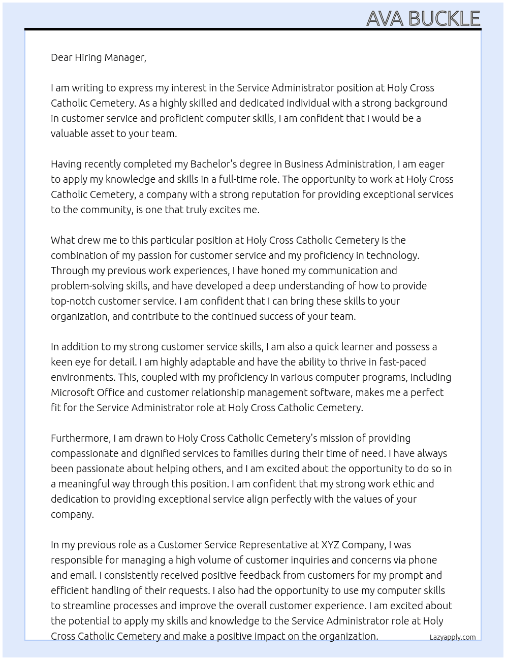 Service Administrator  At Holy Cross Catholic Cemetery  Cover Letter