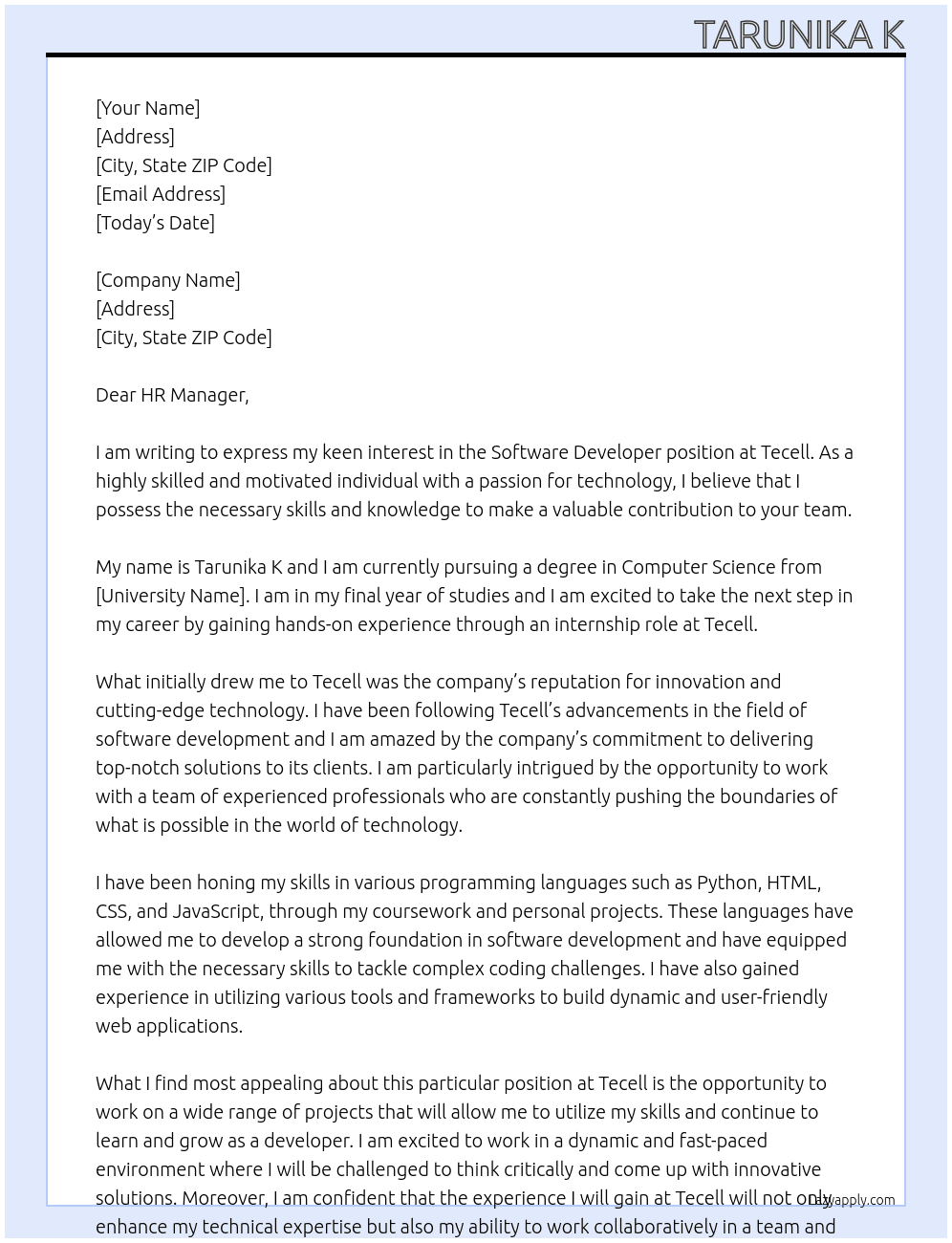 Software Developer At Tecell Cover Letter