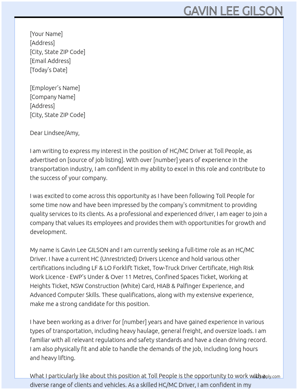 HC/MC Drivers At Toll People Cover Letter