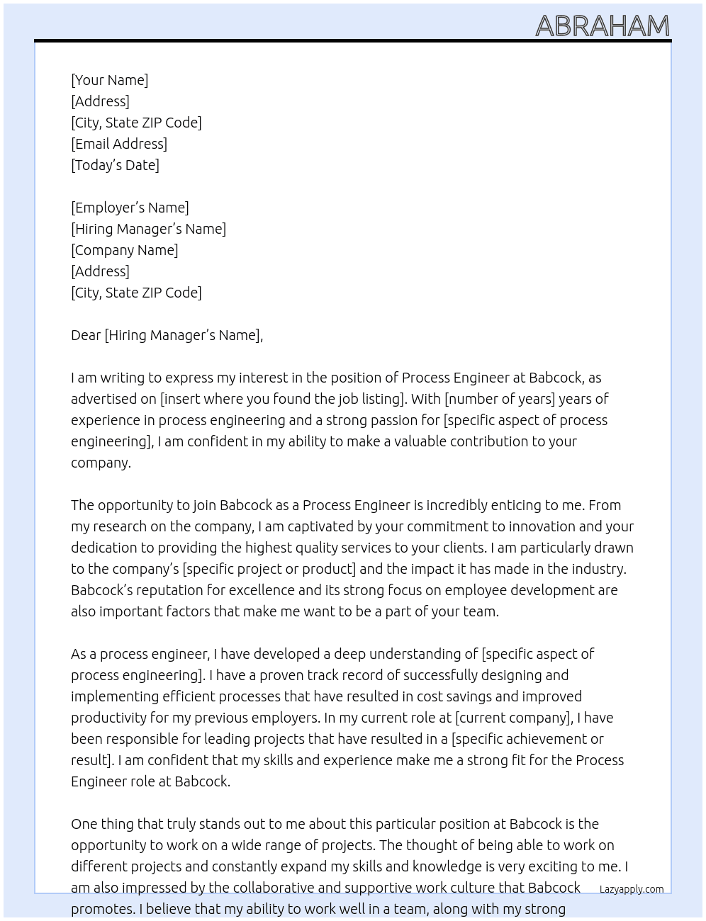 Process Engineer At Babcock Cover Letter