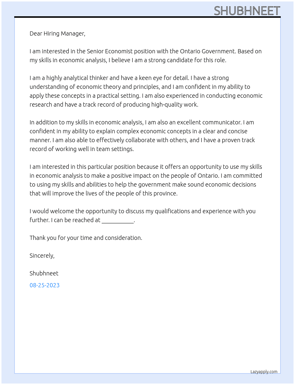 Senior Economist At Ontario Government Cover Letter
