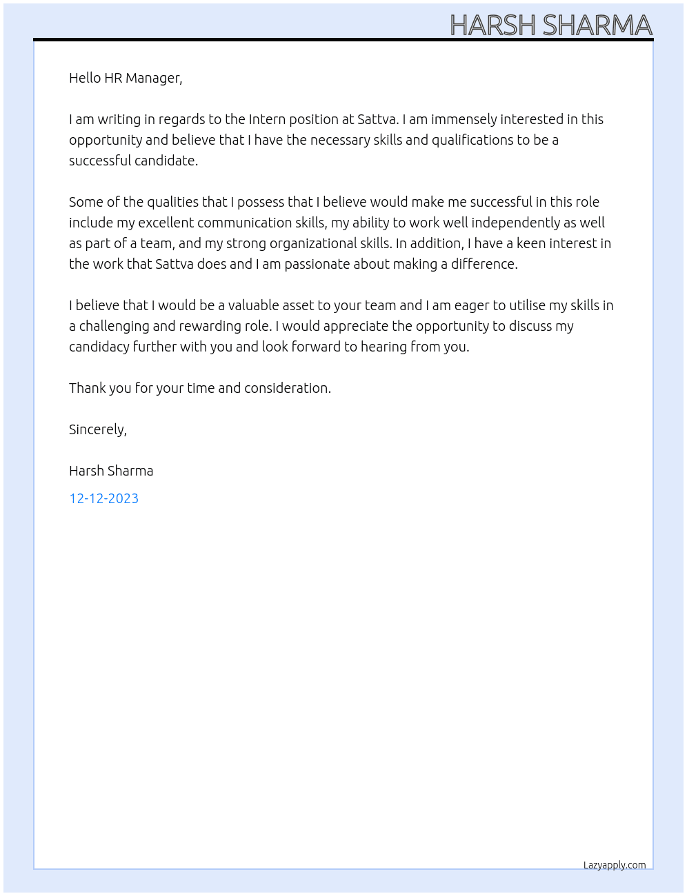 Intern At Sattva Cover Letter