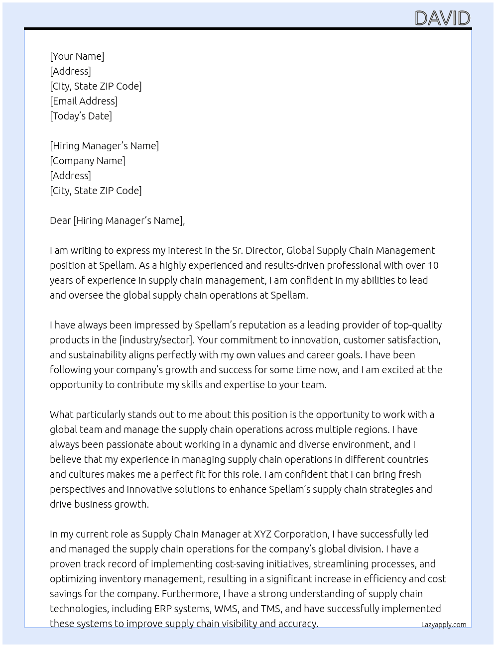 Sr. Director, Global Supply Chain Management At Spellam Cover Letter