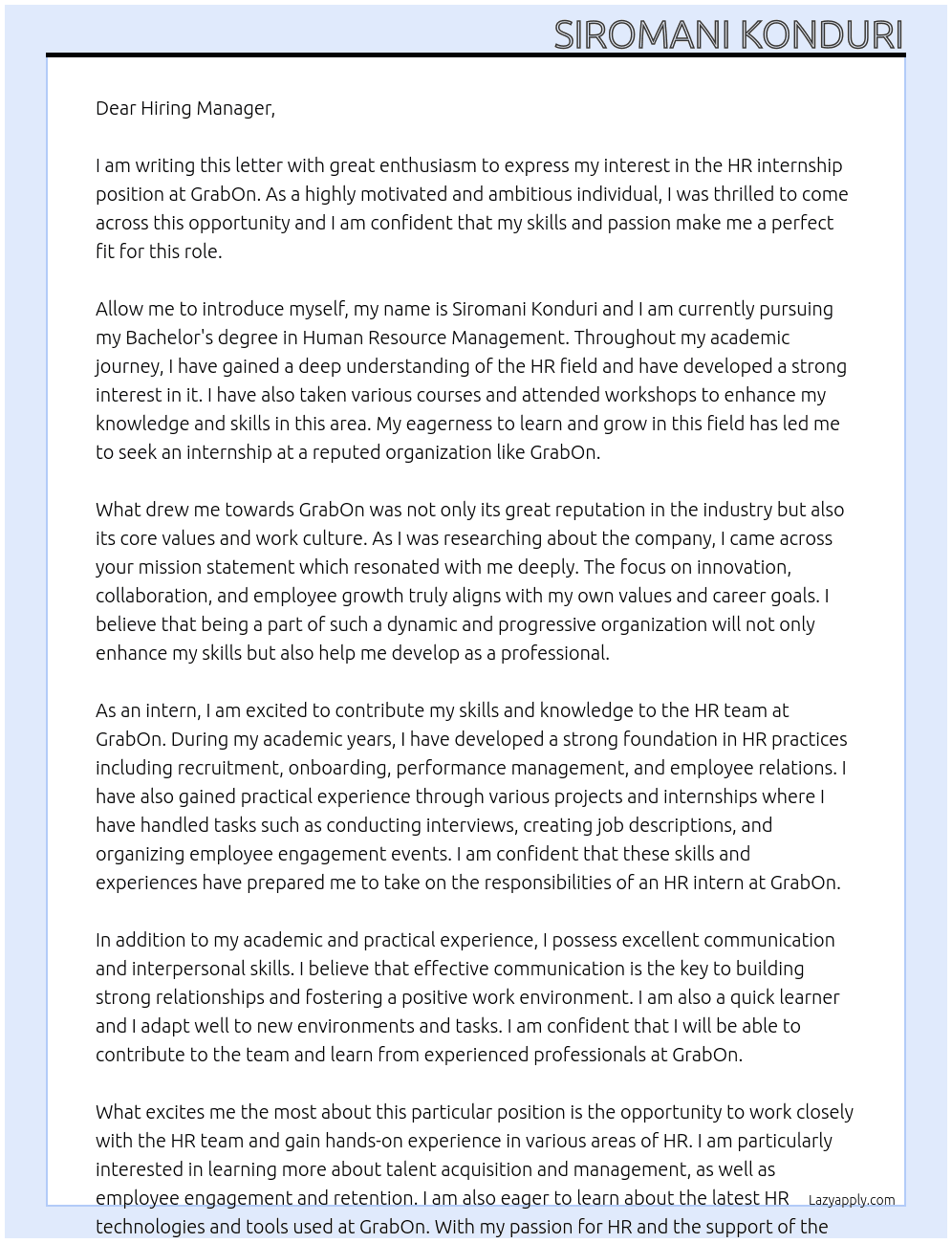 HR internship  At GrabOn Cover Letter