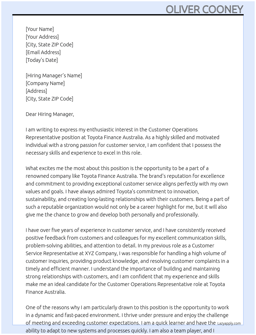 Customer Operations Representative At Toyota Finance Australia Cover Letter