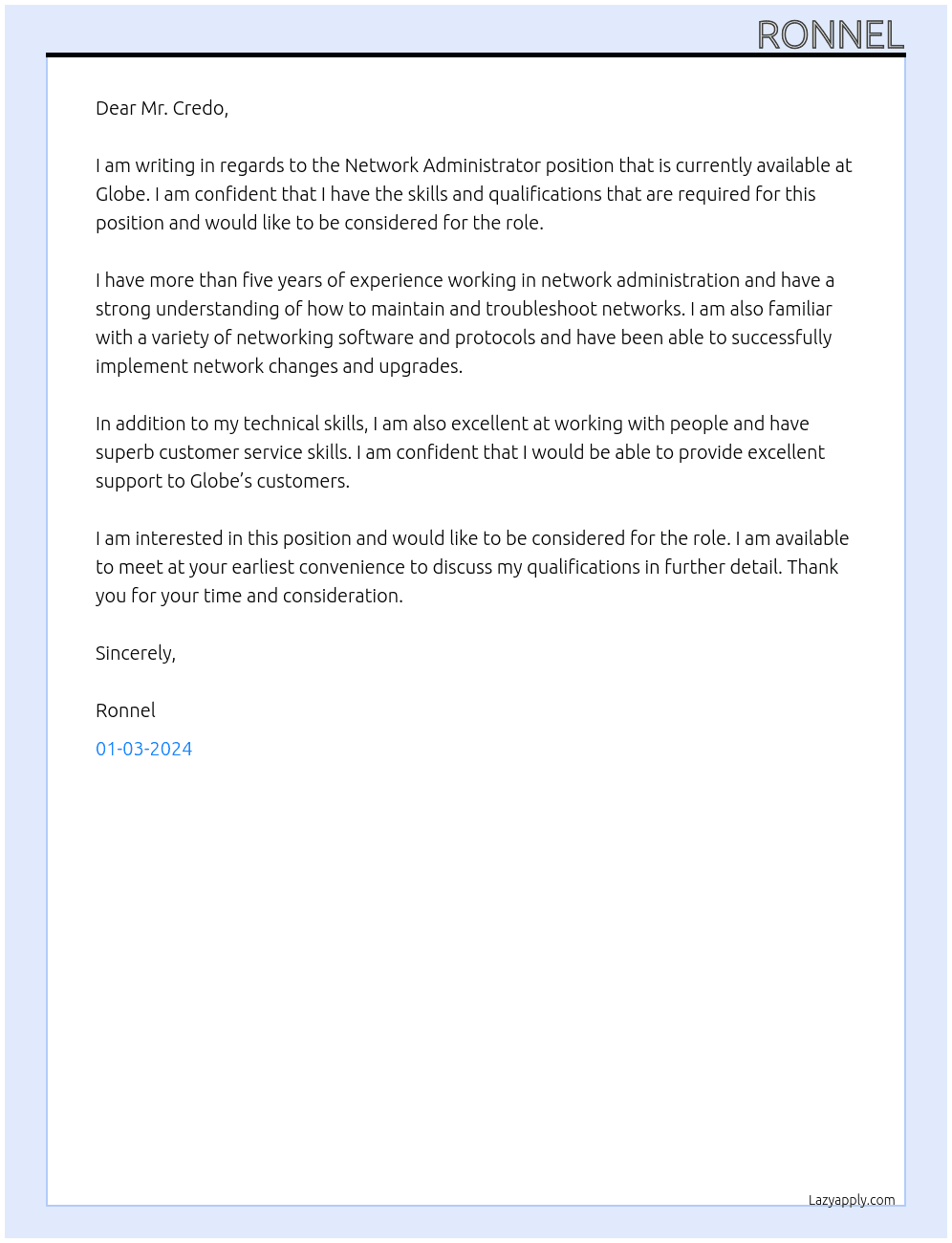 Network Administrator At Globe Cover Letter