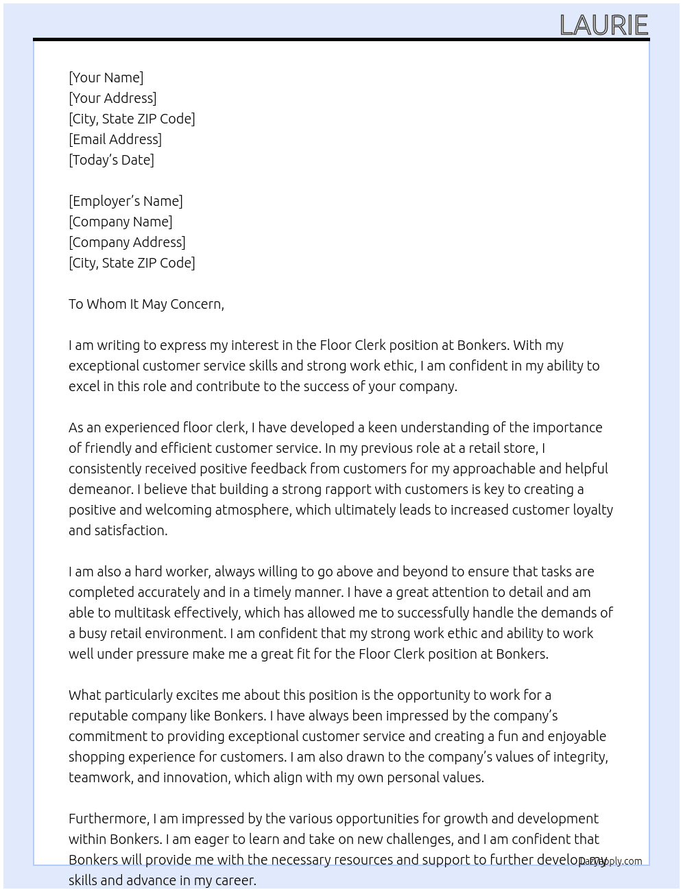 Floor clerk At Bonkers Cover Letter