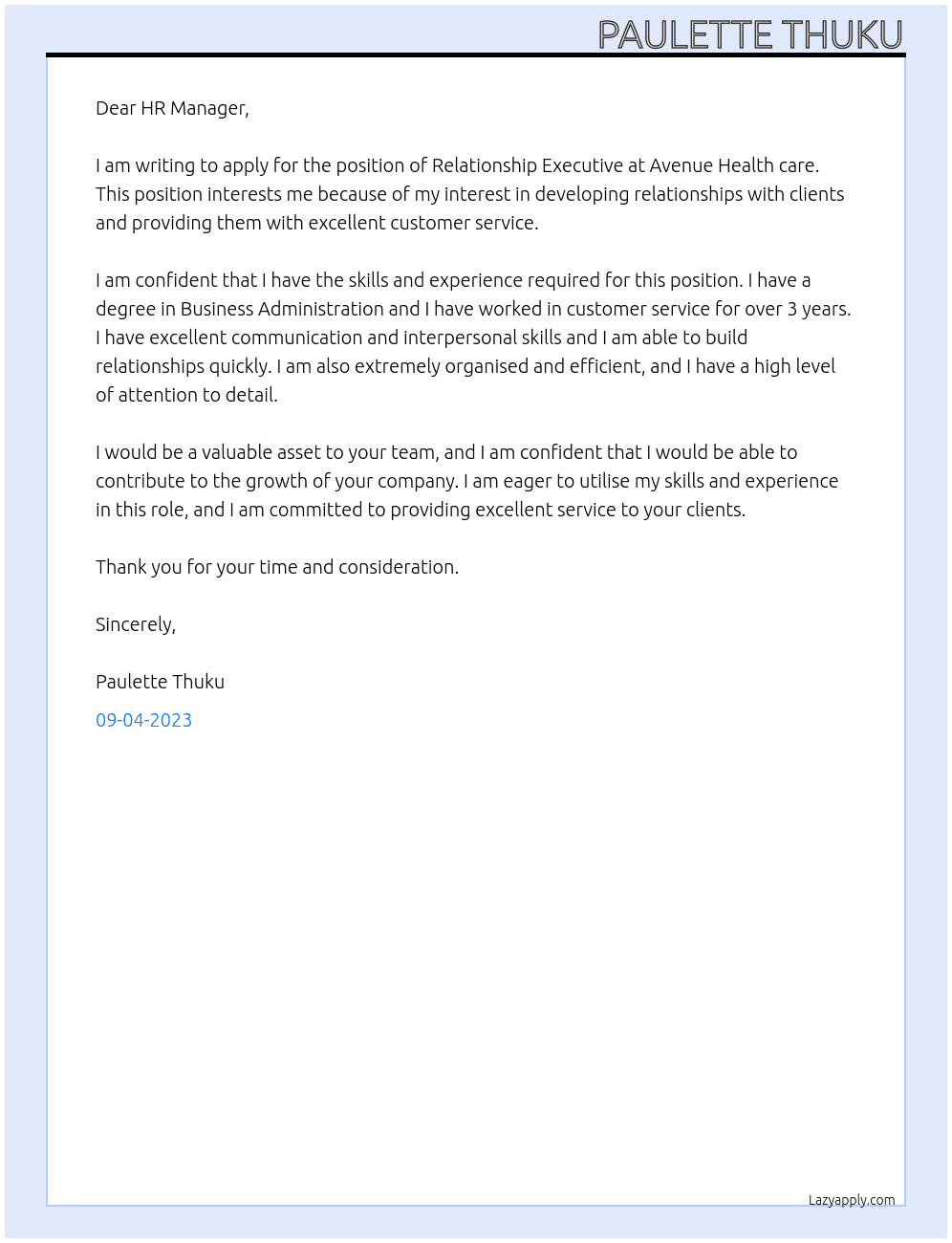 Relationship Executive At Avenue Health care Cover Letter