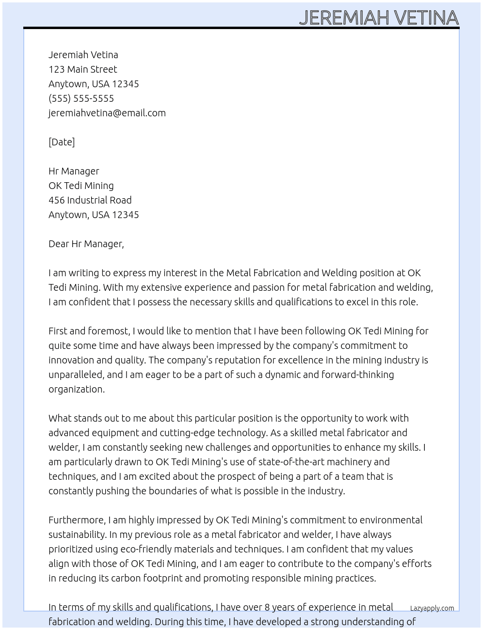 Metal Fabrication and Welding At OK Tedi Minning Cover Letter
