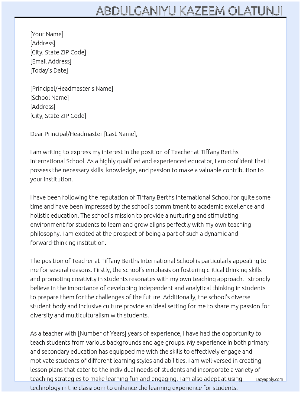Teacher  At Tiffany Berths International School Cover Letter