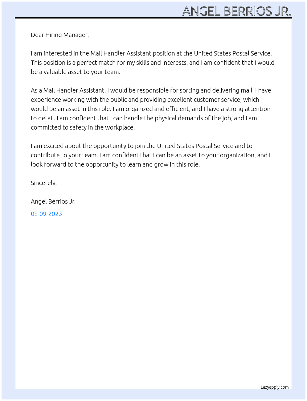 Mail Handler Assistant At United States Postal Service Cover Letter
