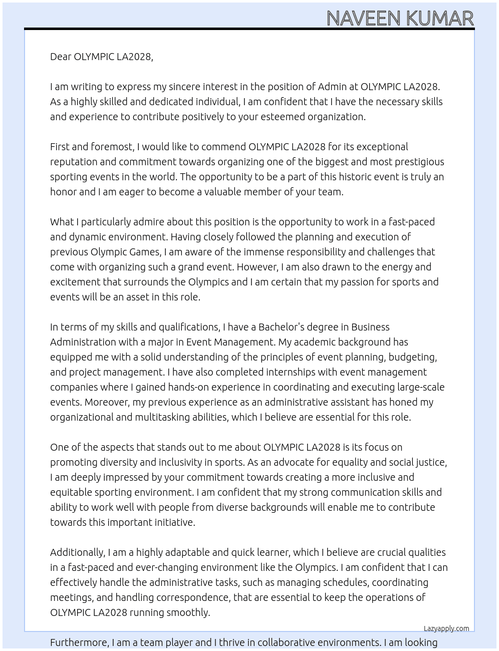 ADMIN At OLYMPICS LA20228 Cover Letter