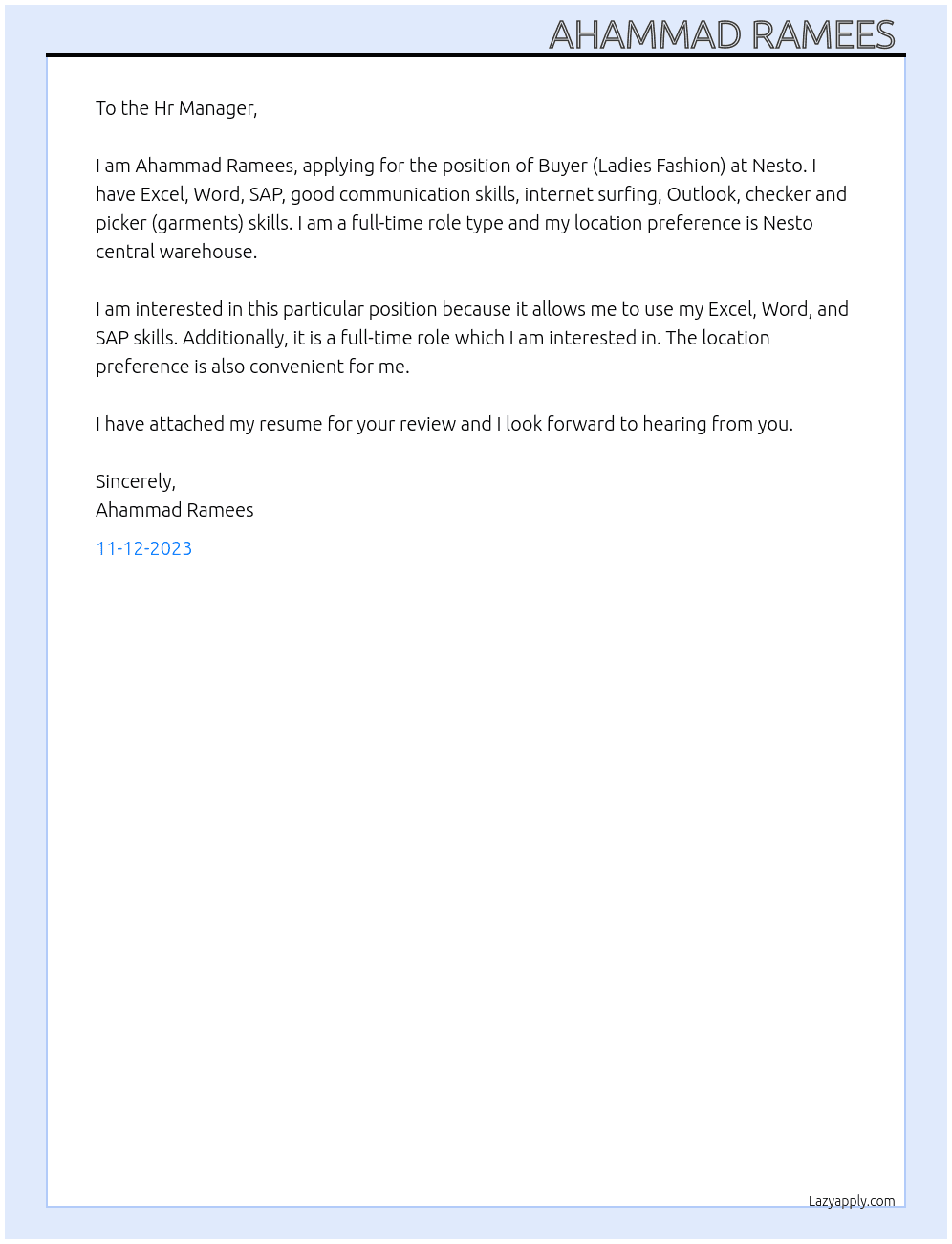 Buyer (Ladies Fashion) At Nesto  Cover Letter