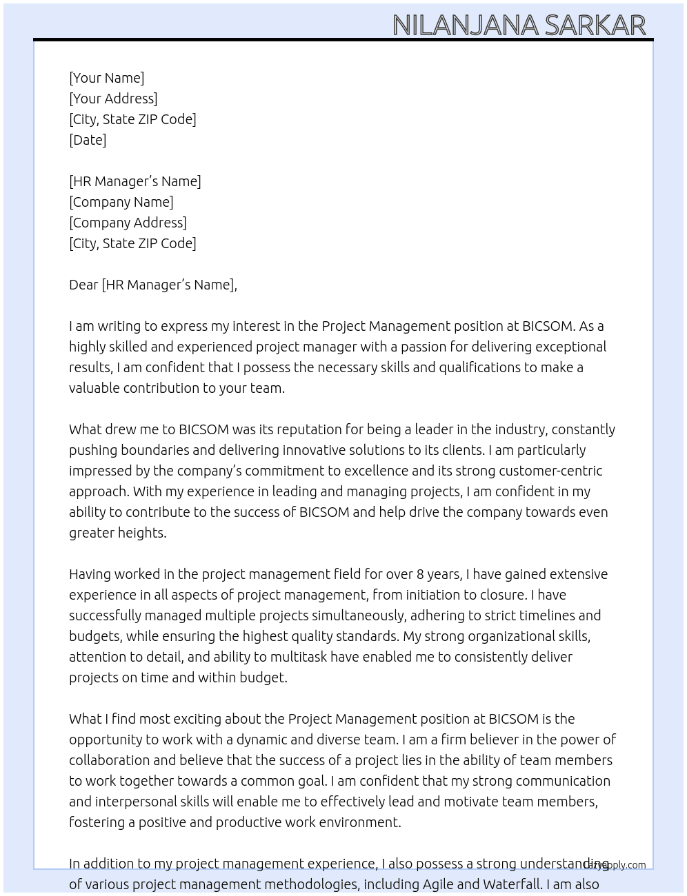 Project management  At BICSOM Cover Letter