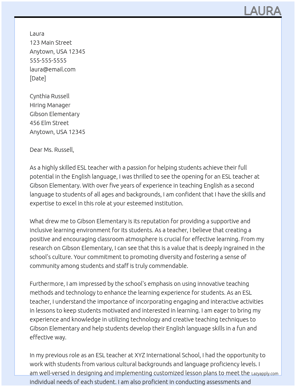 ESL teacher At Gibson Elementary  Cover Letter
